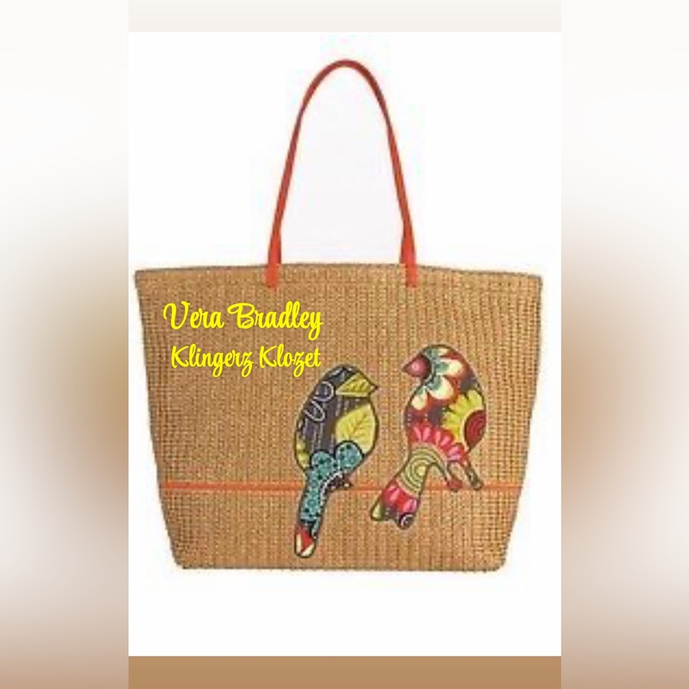 Colorful Bird on a wire Design Straw Tote Bag by Vera Bradley